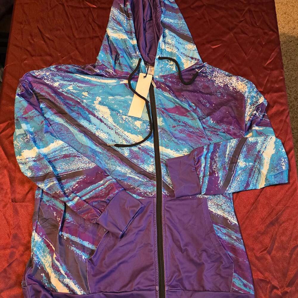 Lily by Firmiana Blue and Purple Abstract Print Zip Up Hoodie 2X